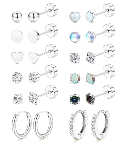 LOLIAS Hypoallergenic Flat Back Earrings for Women-Surgical Steel Earrings for Sensitive Ears 20G Stainless Steel Earring Stacks Small Flatback Stud Hoop Cartilage Earring - color: Silver