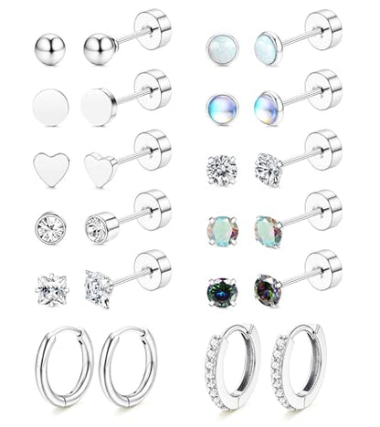 LOLIAS Hypoallergenic Flat Back Earrings for Women-Surgical Steel Earrings for Sensitive Ears 20G Stainless Steel Earring Stacks Small Flatback Stud Hoop Cartilage Earring - color: Silver