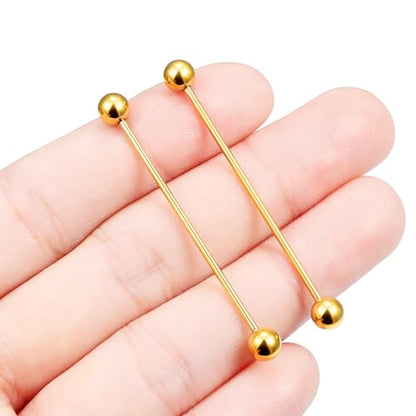 16G 14G Surgical Steel Tongue Rings Nipple Rings Industrial Piercing Jewelry Set Multi Size Straight Barbells 12mm 14mm 16mm 19mm 22mm 28mm 32mm 35mm 38mm 40mm 45mm for Women Men - color: goldtone, size: 16g,bar length 38mm