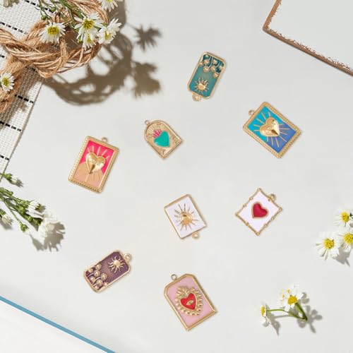 SUNNYCLUE 1 Box 8 Styles Real 18k Gold Plated Enamel Heart Charms Gold Heart Charms Metal Colorful Rectangle Evil Eye Hearts Sun Pendant for Jewelry Making Women Adults Crafts Bracelets Gifts Supplies