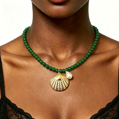 Fish Shell Necklace for Women, Beaded Necklaces Boho Statement Necklace, Pearl Necklaces Summer Beach Vacation Dress & Costume Jewelry - color: Green-shell