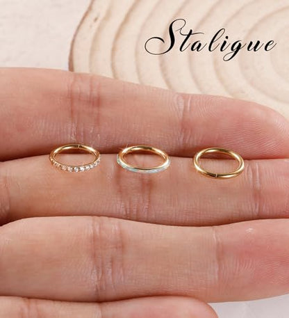 3pcs Nose Rings Hoops - 316L Surgical Steel Hinged Nose Hoops 16G/18G/20G CZ Clicker Septum Nose Ring Lip Helix Cartilage Hoop Earring Daith Rook Conch Body Piercing Jewelry for Women Men 8mm 10mm - color: Gold, size: 16 gauge(1.2mm)-8mm