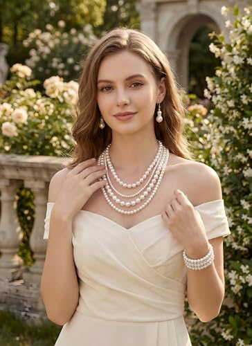 Pearl Necklace Set - Faux Pearl Earrings and Bracelets Jewelry Set for Women Wedding Bridal Shower Tea Party Accessories - style: 4pcs-silver