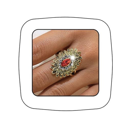Boho Retro Rhinestone Ring Ethnic Big Flower Crystal Finger Ring Trendy Statement Tribal Indian Dance Costume Ring Jewelry for Women - color: Gold-red
