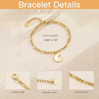 10 PCS Bracelets for Women Stainless Steel Chain Link Bracelet Set | 6.7 Inches with Extender, Jewelry Gifts for DIY, Chains Bulk, Oval, Curb, Figaro Chains, 18K Gold Plated, Silver, Chunky - color: Figaro Gold