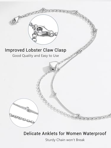PROSILVER 925 Sterling Silver Ankle Bracelets For Women, Stylish Chain Anklets, Summer Beach Jewelry, 8.6-10.6 Inch Adjustable, Come with Box - style: 01-Heart Anklet-Layered