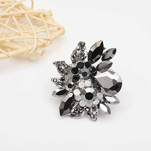 CSY Luxury Froral Cocktail Statement Rings Stretch Adjustable Ring | Gorgeous Women's Austrian Crystal Leaves Flower Big Cocktail Statement Rings Stretch Adjustable Ring Jewelry Accessories - color: Black