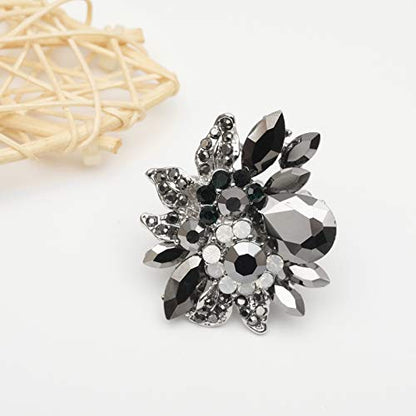 CSY Luxury Froral Cocktail Statement Rings Stretch Adjustable Ring | Gorgeous Women's Austrian Crystal Leaves Flower Big Cocktail Statement Rings Stretch Adjustable Ring Jewelry Accessories - color: Black