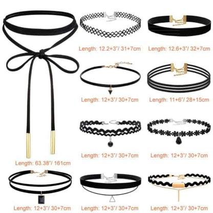 Black Choker Necklaces for Women, 10PCS | Black Lace, Adjustable, Classic Gothic Tattoo Style