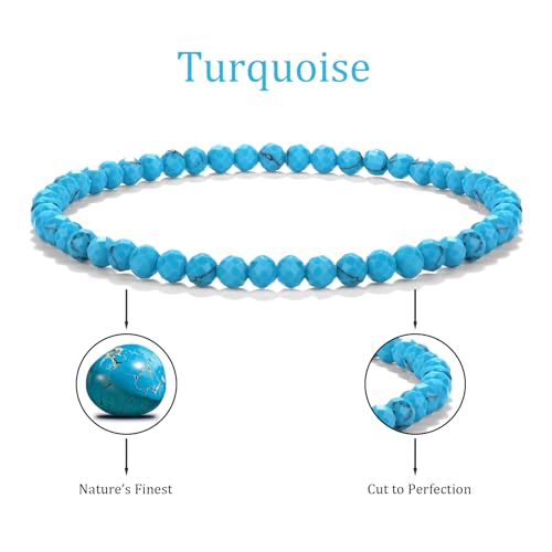 Natural Faceted Crystal Bracelet for Women,4mm Gemstone Round Beads Bracelets Adjustable Stretchy Healing Crystal Beads Bracelets Dainty Jewelry Gift - color: Turquoise