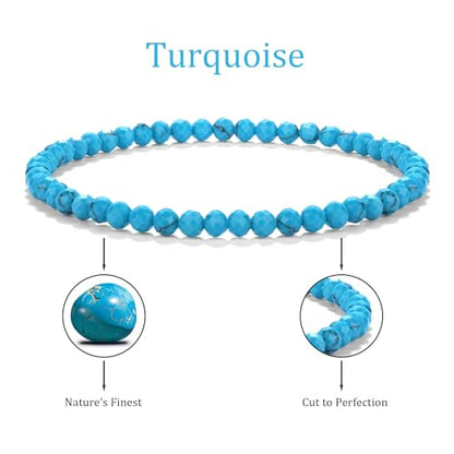 Natural Faceted Crystal Bracelet for Women,4mm Gemstone Round Beads Bracelets Adjustable Stretchy Healing Crystal Beads Bracelets Dainty Jewelry Gift - color: Turquoise