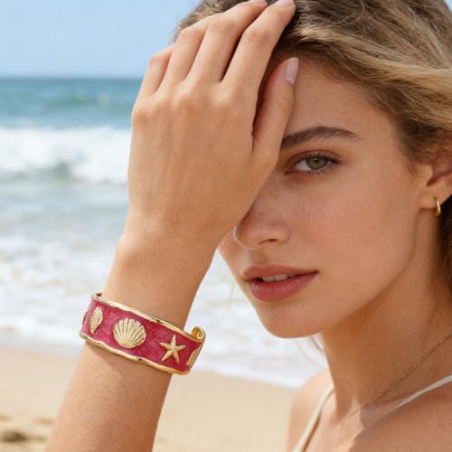 YBMYCM Chunky Shell Cuff Bracelet for Women, Hammered Boho Open Bangle | Adjustable Irregular Wide Bracelets Jewelry Gifts for Women, Perfect for Daily Wear - color: Red
