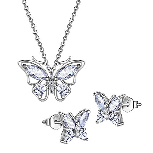 925 Sterling Silver Birthstone Butterfly Jewelry Women Crystal Animal Cute Butterflies Birthday Necklace/Earring/Ring/Bracelet Sets Birth Stone Statement Anniversary Jewellery - color: 1-D.April-Diamond