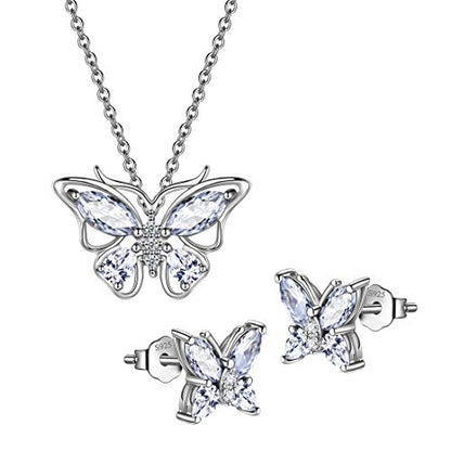 925 Sterling Silver Birthstone Butterfly Jewelry Women Crystal Animal Cute Butterflies Birthday Necklace/Earring/Ring/Bracelet Sets Birth Stone Statement Anniversary Jewellery - color: 1-D.April-Diamond