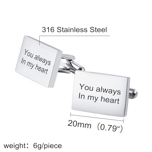 Classic Stainless Steel Cufflinks for Men Personalized Initial/Date/Photo Silver Mens Cufflinks Gift for Husband Groomsmen Groom Father of the Bride - color: Rectangle (Text)