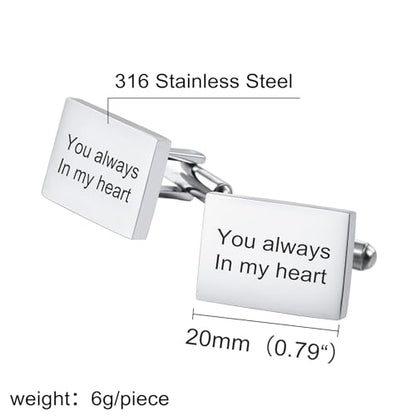 Classic Stainless Steel Cufflinks for Men Personalized Initial/Date/Photo Silver Mens Cufflinks Gift for Husband Groomsmen Groom Father of the Bride - color: Rectangle (Text)