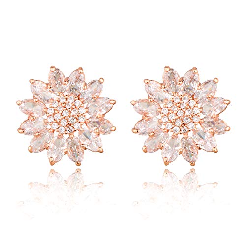 Crystal Flower Burst Stud Earirings - Big Sterling Silver CZ Cubic Zirconia Rhinestone Daisy Sunflower Floral Cluster Studs Bridal Wedding Party Prom Costume Jewelry for Bride Bridesmaids Women Birthstone Birthday Gift - color: Rose Gold