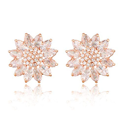 Crystal Flower Burst Stud Earirings - Big Sterling Silver CZ Cubic Zirconia Rhinestone Daisy Sunflower Floral Cluster Studs Bridal Wedding Party Prom Costume Jewelry for Bride Bridesmaids Women Birthstone Birthday Gift - color: Rose Gold