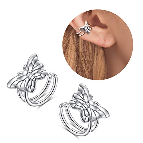 Birthday Gifts 925 Sterling Silver Ear Cuff Non Pierced Fake Cartilage Cuffs Huggie Earrings for Women Girls - Set of 2 - style: Butterfly