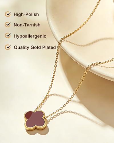 Four Leaf Clover Necklace 18K Gold Plated Necklaces for Women Lucky Flower Pendant Adjustable Link Chain Stainless Steel Dainty Trendy Simple Jewelry Gifts for Women - color: 1G-Red