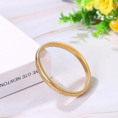 NMQLX Women's Elastic Bangle Bracelets: Stainless Steel Gold Chunky Wristband Bracelets - color: Gold - 8mm