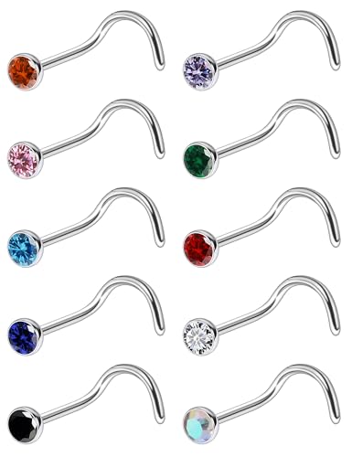 Ruifan ASTM F136 Titanium Nose Rings 18G 20G 22G Jeweled Mix Color Cubic Zirconia Nose Studs Ring Screw L-Shaped Bone Hypoallergenic Body Piercing Jewelry for Women 1.5mm 2mm 2.5mm 3mm 10PCS - style: Screw:18G(1.0mm)-3mm CZ