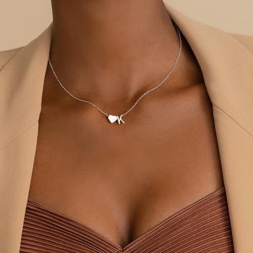 Turandoss Heart Initial Necklace for Women Teen Girls - 18K Gold Plated Letter A-Z Pendant Necklace Dainty Heart Necklaces Tiny Initial Necklaces Birthday Gifts for Women Jewelry - color: Silver, style: F
