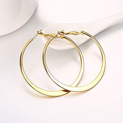 Gold Hoop Earrings,18K Gold Plated Rounded Hoops Earrings for Women - color: yellow-Flattened-2"