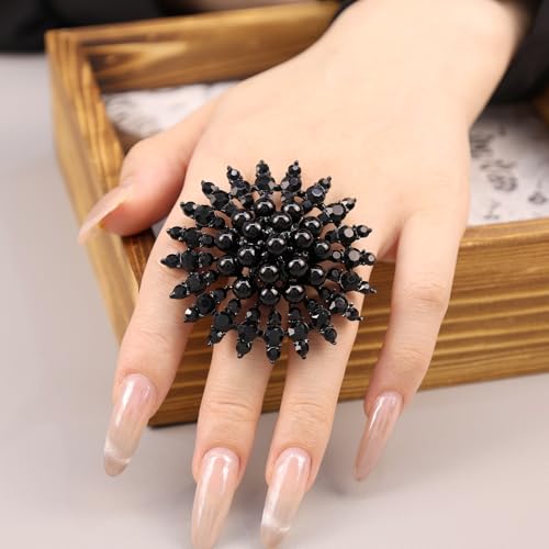 Elegant Big Crystal Ring for Women Gold Stacking Pearl Rhinestone Flower Rings Open Finger Adjustable Crystal Statement Ring Jewelry for Bridal Wedding - color: Crystal 2-black