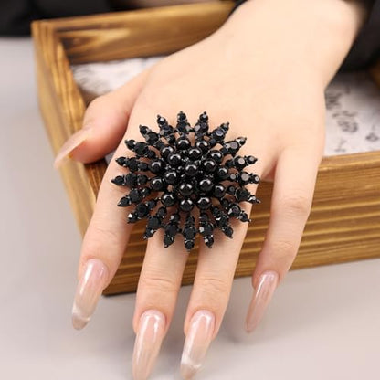 Elegant Big Crystal Ring for Women Gold Stacking Pearl Rhinestone Flower Rings Open Finger Adjustable Crystal Statement Ring Jewelry for Bridal Wedding - color: Crystal 2-black
