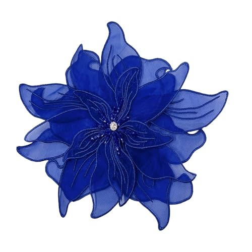 Exaggerated Organza Fabric Flower Brooch Pin for Women Girls Fashion Dainty Layered Big Beaded Corsage Boutonniere Brooches Lapel Pins Delicate Wedding Birthday Holiday Dress Accessories Jewelry Gift - color: Royal Blue