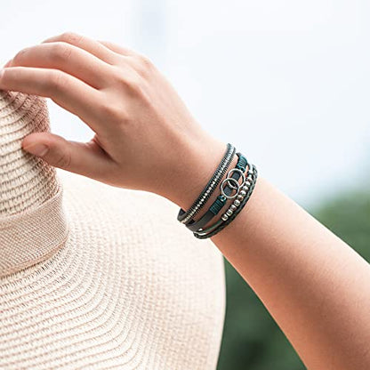 Chunky Boho Leather Wrap Bracelets Cowgirl Beaded Circle Western Jewelry | Stackable Infinity Layered Bohemian Magnetic Clasp Cuff Statement Fashion Colorful Country Hippie Outfits for Women Trendy - color: Olive Green