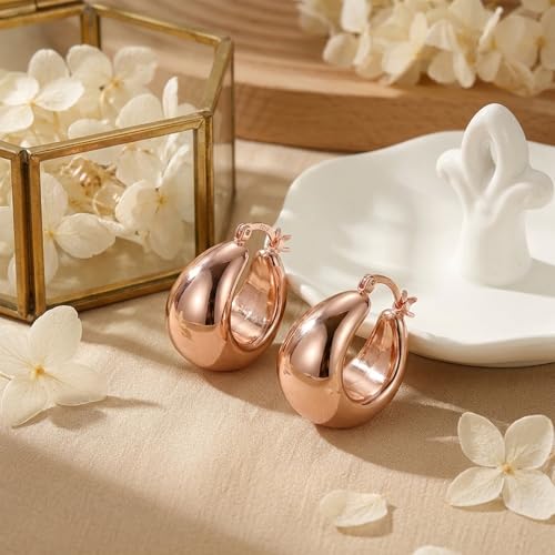 OOOPEL Gold Hoop Earrings for Women,925 Sterling Silver Chunky Hoop Earrings Hypoallergenic Lightweight 14K Gold Plated Thick Gold Hoops for Women 22mm 26mm - color: rose gold-22