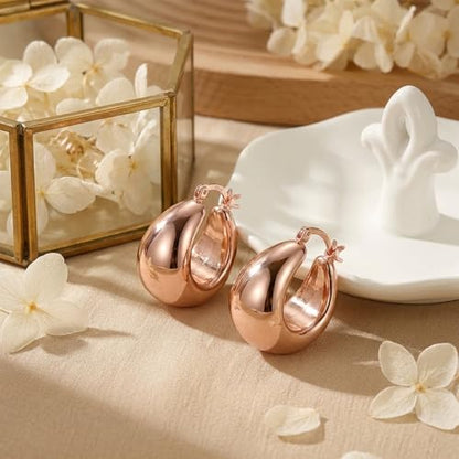 OOOPEL Gold Hoop Earrings for Women,925 Sterling Silver Chunky Hoop Earrings Hypoallergenic Lightweight 14K Gold Plated Thick Gold Hoops for Women 22mm 26mm - color: rose gold-22