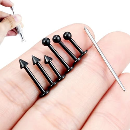 Internally Threaded Labret Studs 18G 16G 14G Surgical Steel Lip Piercing Jewelry with Claw Tool Monroe Snake Bite Jewelry Flat Back Barbell for Women Men Plus Piercing Ball Grabber Tool - color: black, size: 16g,ball+spike end