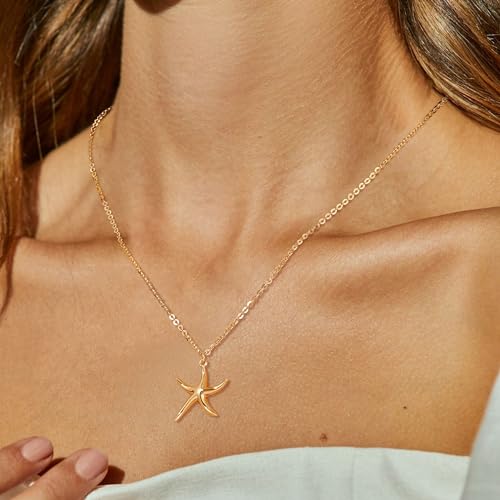 MTMY Gold Starfish Necklace 14K Gold Plated Shell Conch Ocean Pendant Necklace for Women Beach Summer Jewelry - style: wave starfish