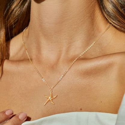 MTMY Gold Starfish Necklace 14K Gold Plated Shell Conch Ocean Pendant Necklace for Women Beach Summer Jewelry - style: wave starfish