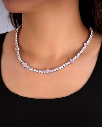 LuxeFlex 4mm Iced Out Four Leaf Tennis Chain,White Gold Plated with 5A Zircon Stones, exquisite Handmade Hip Hop Bling Necklace Perfect Unisex Jewelry Gift - color: White Gold-Pink, size: 16 INCH