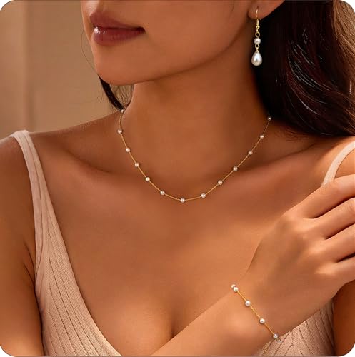 YADOCA Gold Pearl Jewelry Set for Women Bride Bridal Bridesmaid jewelry | 16K Gold Plated Pearl Layered Choker Necklace Earring Bracelets Set Dainty Wedding jewelry Set Gifts - style: Style-C