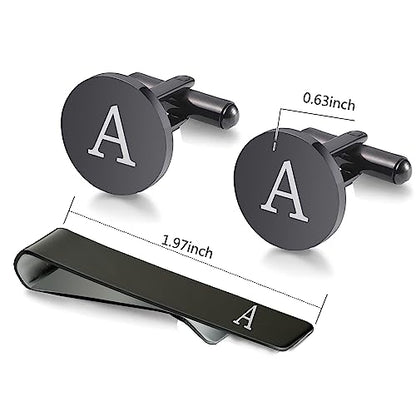 WIGERLON Initial Cufflinks and Tie Clip Set for Men,Stainless steel Letter Cuff Links and Tie Bar Set gift for Father Husband Son Boyfriend - style: D-Black