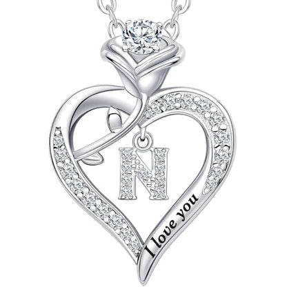 Rose Heart Pendant Necklace Gifts for Wife, Engraved 'I love you' Gift for Wife Girlfriend, Anniversary Birthday Eternity Jewelry Present for Women, Moissanite Necklace Gift for Her - style: N