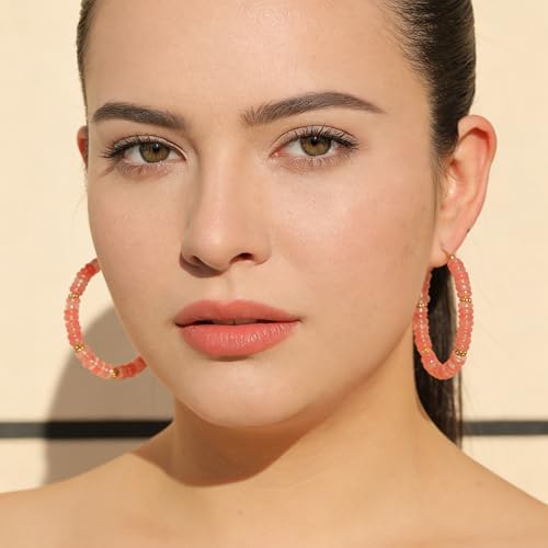 Wellike Beaded Hoop Earrings for Women Natural Stone Pink Gold Huggie Earrings Hypoallergenic Dainty Waterproof Trendy Jewelry - color: Rose Pink, size: 55mm