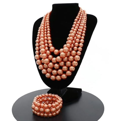 Faux Big Pearl Srand Necklaces for Women 5 Layers Pearls Choker Bib Collar Necklace Bracelet and Earrings set 1920s Costume Pearl Jewelry Bridal Wedding - color: orange