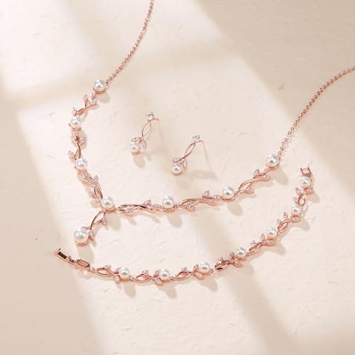 Crysdue Wedding Jewelry Set for Brides Bridesmaid, Cubic Zirconia Teardrop Marquise Leaf Cluster Pendant Necklace Bridal Tennis Bracelet Drop Earrings for Women Party Prom - style: B- Pearl set- rose gold