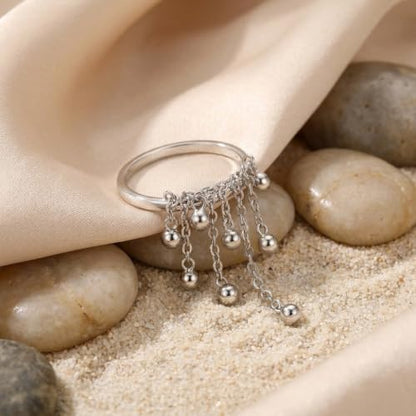 Tiny Ball Tassel Dangle Stacking Thin Band Ring for Women - 18K Golden Plated Stainless Steel Hanging Round Beads Chain Statement Knuckle Finger Rings Band Fashion Birthday Jewelry Size 7 - color: Silver