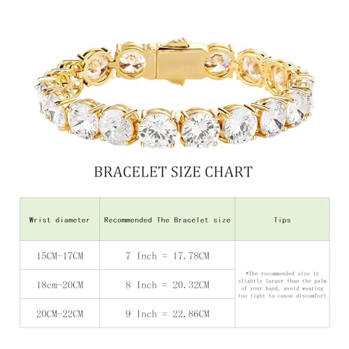 10MM Cubic Zirconia Tennis Bracelet 14K Gold Plated 5A+ Cubic Zirconia Iced Out Tennis Bracelet Spring buckle Bracelet For Men And Women - color: Gold, size: 7