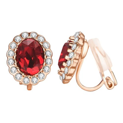 Yoursfs Vintage Crystal Clip On Earrings For Women Platinum Plated Rhinestone Clip On Earrings Non Pierced Oval Shap Cubic Zirconia Earring Hypoallergenic Jewelry - style: Red crystal clip-on earrings