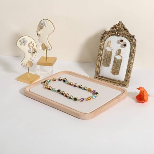 velvet Jewelry organizer tray, Beech wood Jewelry Display Plate, Beige Jewelry Viewing Tray, Jewelry showcase tray for Necklace Bracelet Ring Earring stand holder (Cream-Large, 9.8x 7.1 in) - size: Large
