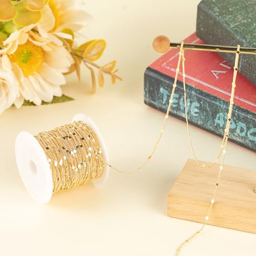Jabogrii 32.8 Feet 18K Gold Plated Brass Jewelry Making Chains Bulk Roll | Flat Round Chain DIY Necklace Bracelet Chain for Jewelry Making - color: Flat Round Gold