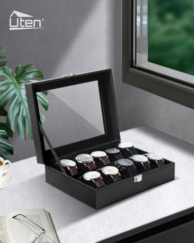 Uten Watch Box 10 Slots for Men, Leather, Large Glass Lid Black | Watch Jewelry Display Case, Fit Watch Size up to 48mm, Removable Pillows, Metal Clasp, Velvety Inner Lining, Gifts - color: Black, size: 10 Slots